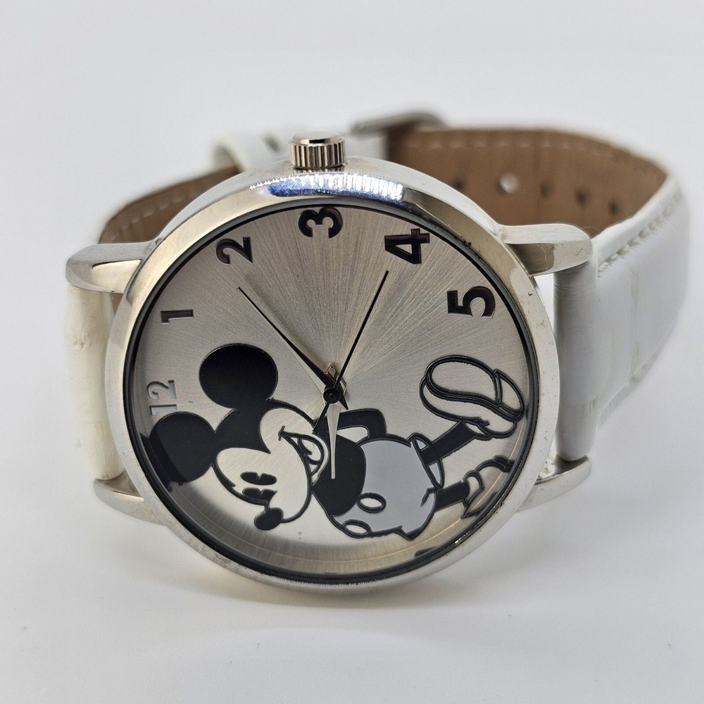 Mickey Mouse Women's Watch 38MM Gray Case Dial White Leather Band New Battery